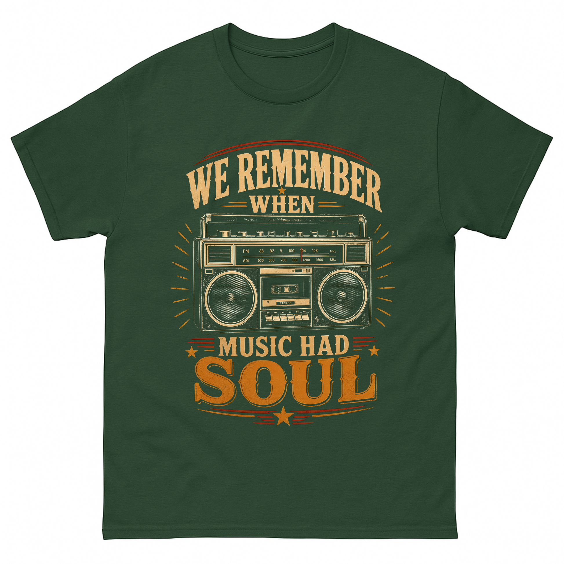 Forest Green vintage t-shirt with We remember music soul tee printed front design