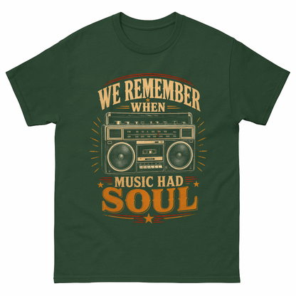 Forest Green vintage t-shirt with We remember music soul tee printed front design