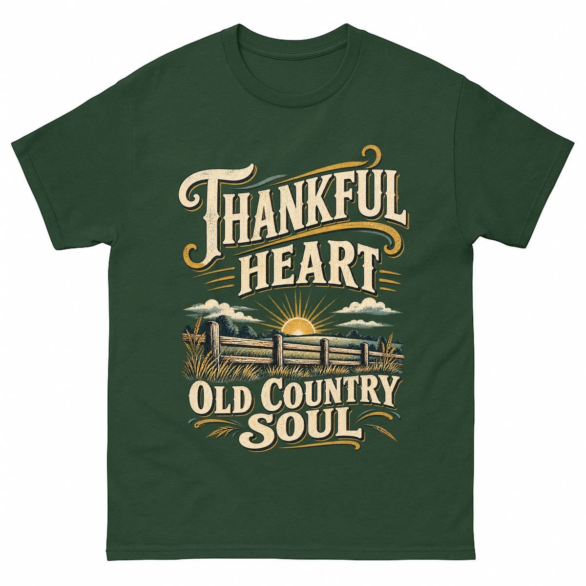 Forest Green vintage t-shirt with Thankful Heart Old Country Soul printed front design