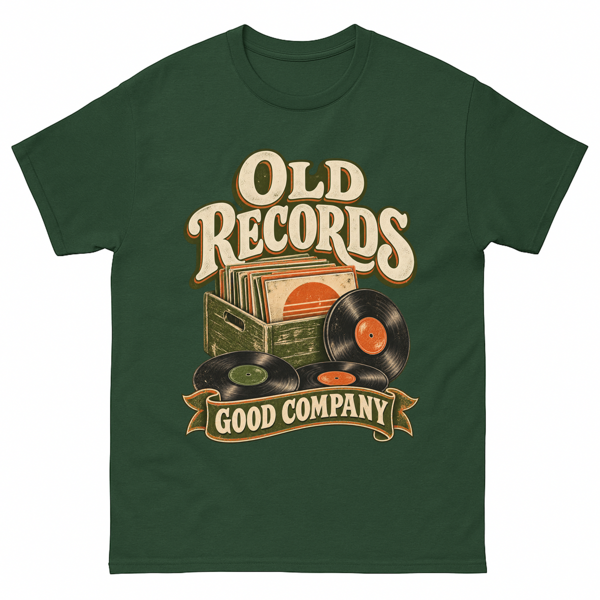Forest Green vintage t-shirt with Old Records Good Company printed front design