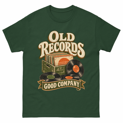 Forest Green vintage t-shirt with Old Records Good Company printed front design
