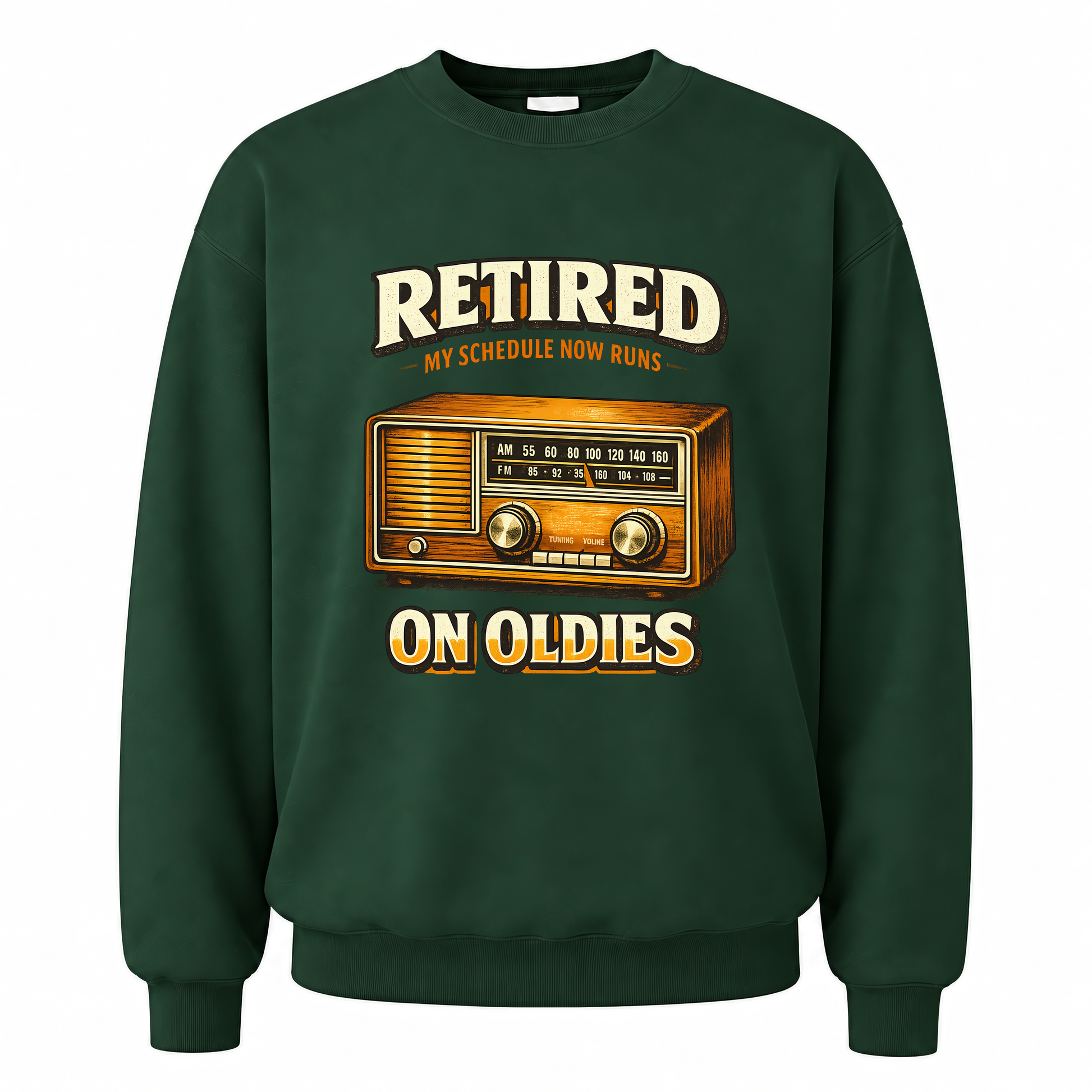 Forest Green vintage sweatshirt with 39 schedule runs on oldies ideogram 4x printed front design