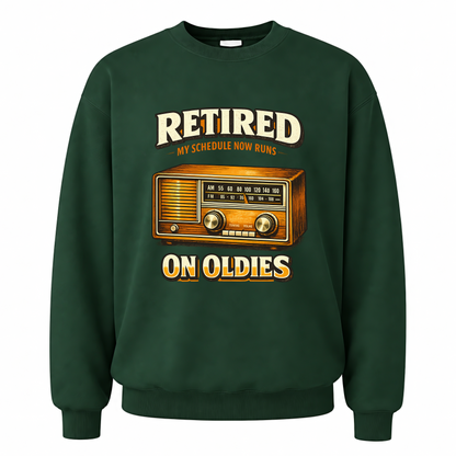 Forest Green vintage sweatshirt with 39 schedule runs on oldies ideogram 4x printed front design