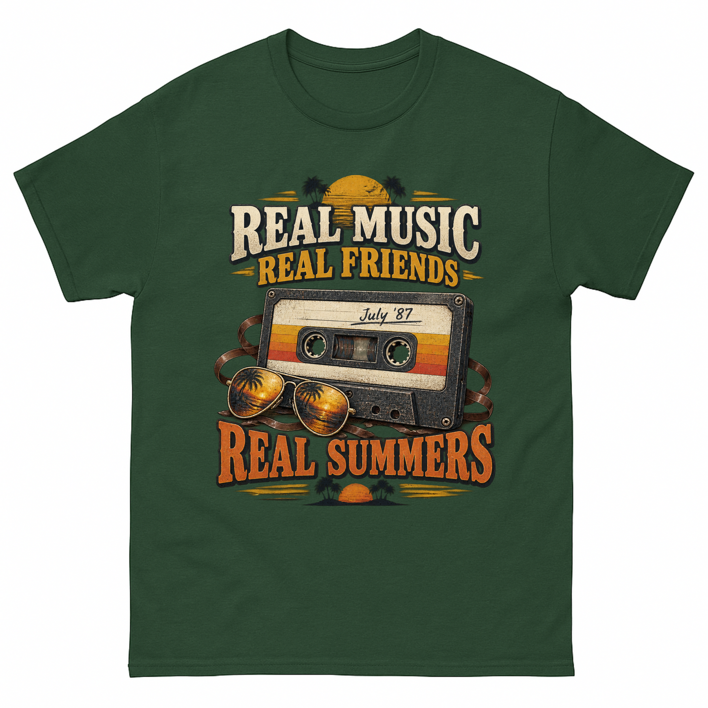 Forest Green vintage t-shirt with Real Music Real Friends July ’87 Real Summers printed front design