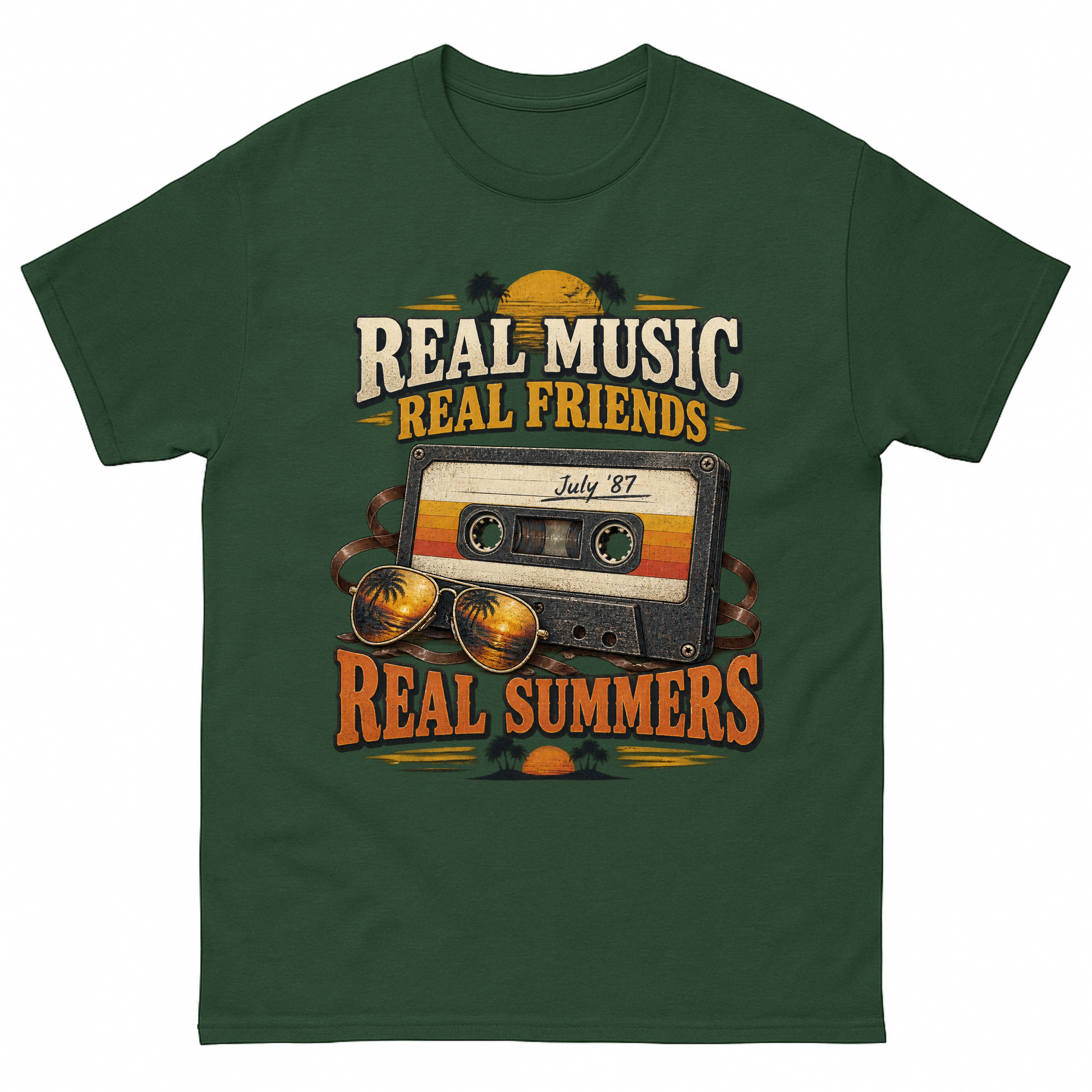 Forest Green vintage t-shirt with Real Music Real Friends July ’87 Real Summers printed front design