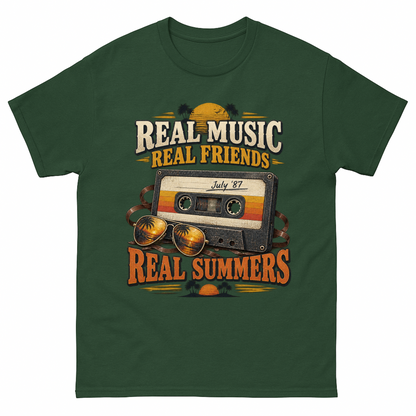 Forest Green vintage t-shirt with Real Music Real Friends July ’87 Real Summers printed front design