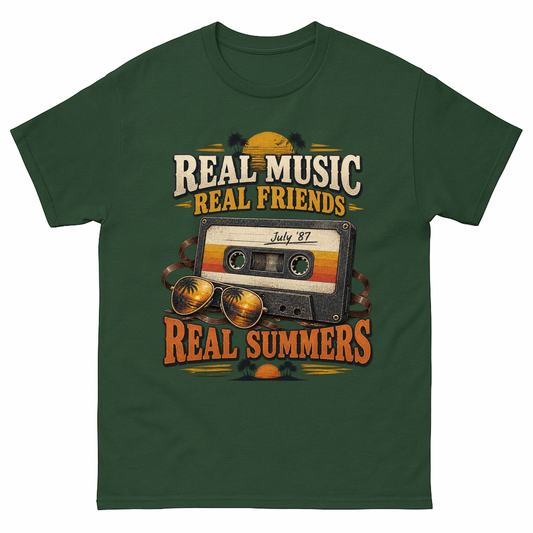 Forest Green vintage t-shirt with Real Music Real Friends July ’87 Real Summers printed front design