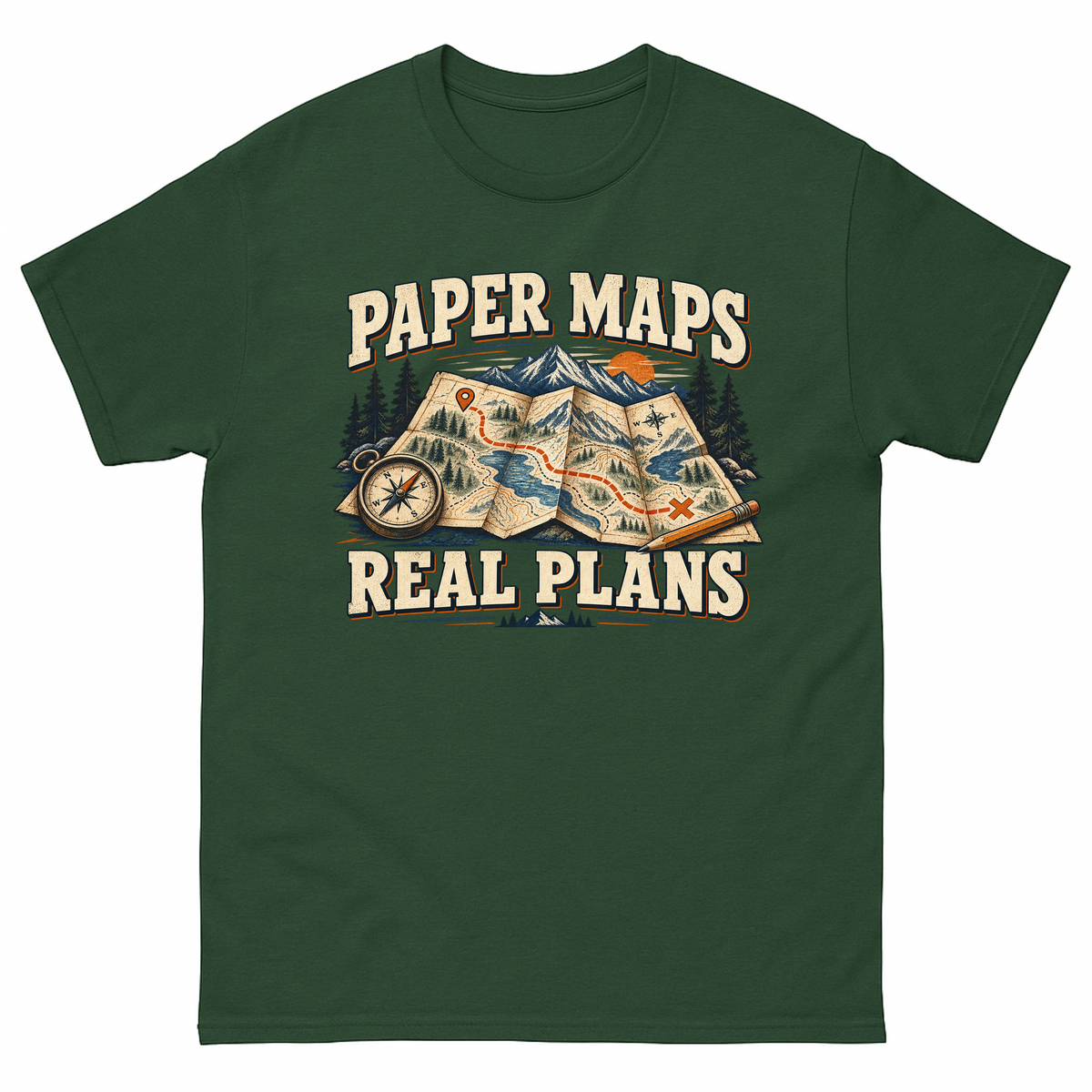 Forest Green vintage t-shirt with Paper Maps. Real Plans printed front design