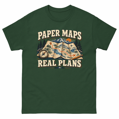 Forest Green vintage t-shirt with Paper Maps. Real Plans printed front design