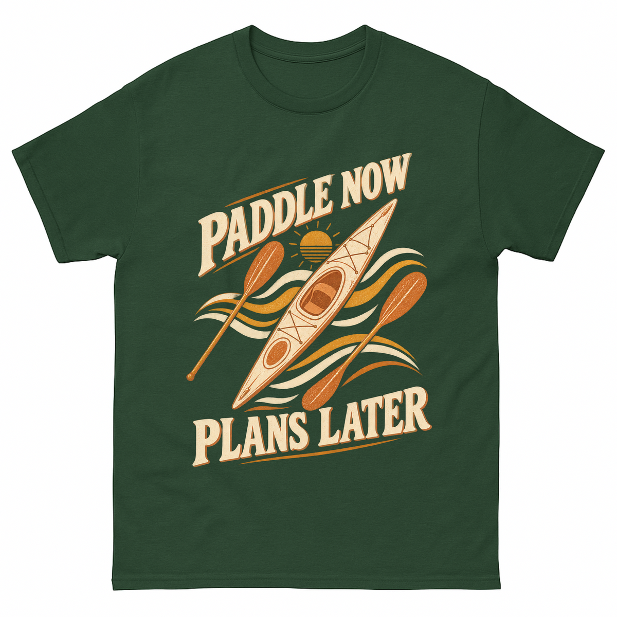 Forest Green vintage t-shirt with Paddle Now. Plans Later printed front design