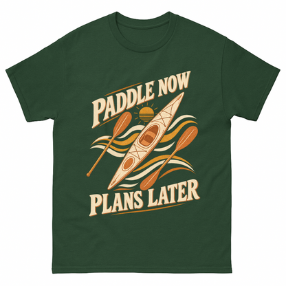 Forest Green vintage t-shirt with Paddle Now. Plans Later printed front design