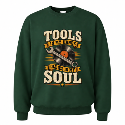 Forest Green vintage sweatshirt with 34 tools in my hands oldies in my soul ideogram 4x printed front design