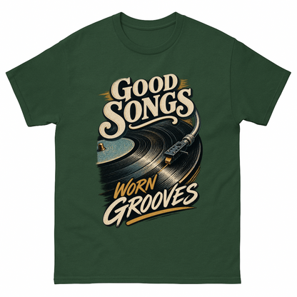 Forest Green vintage t-shirt with Good Songs Worn Grooves printed front design