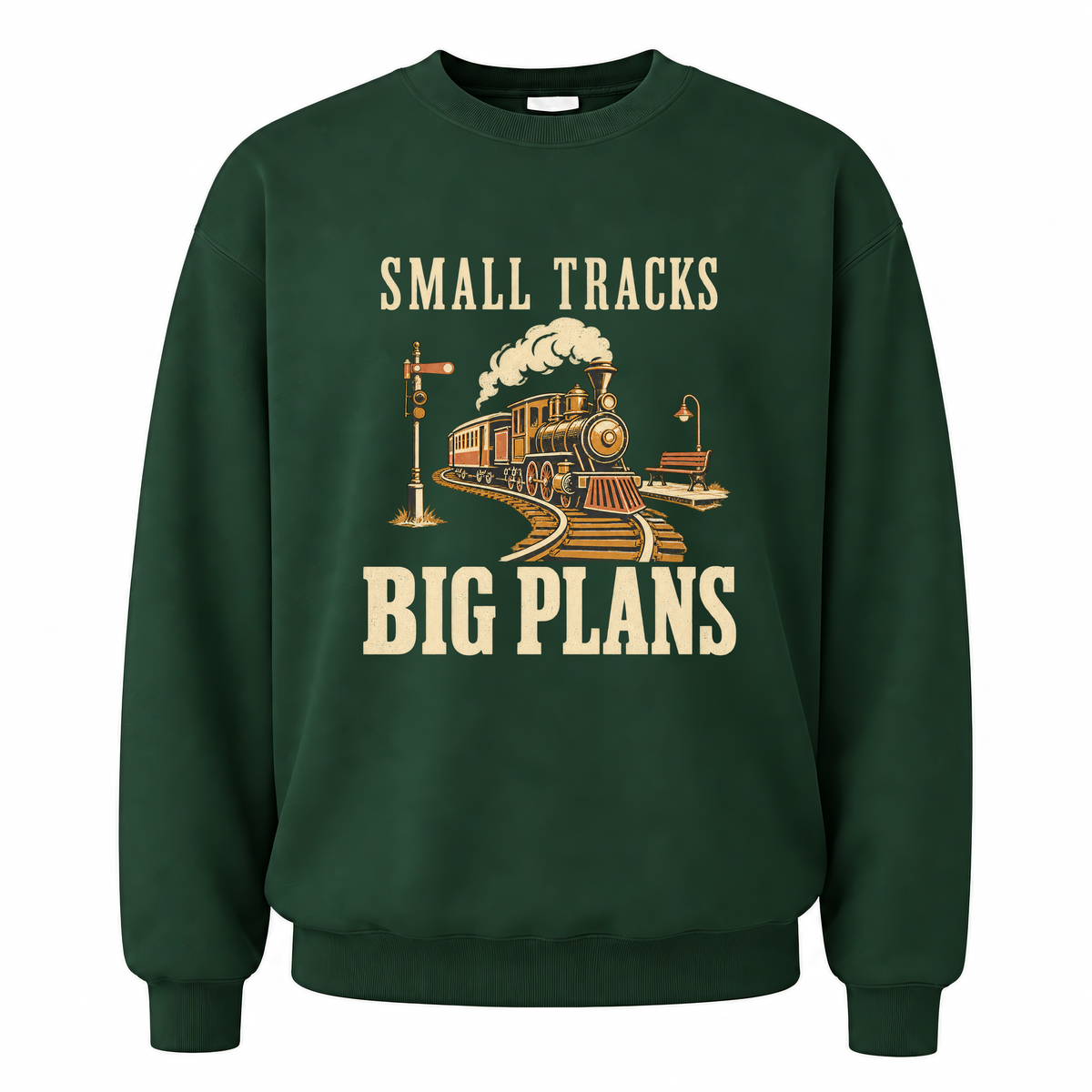 Forest Green vintage sweatshirt with Small Tracks Big Plans printed front design