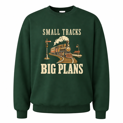 Forest Green vintage sweatshirt with Small Tracks Big Plans printed front design