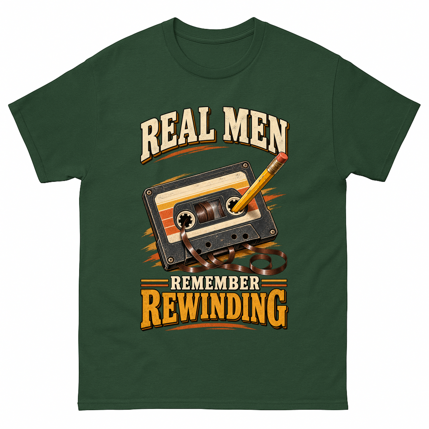 Forest Green vintage t-shirt with 45 real men remember rewinding ideogram 4x printed front design