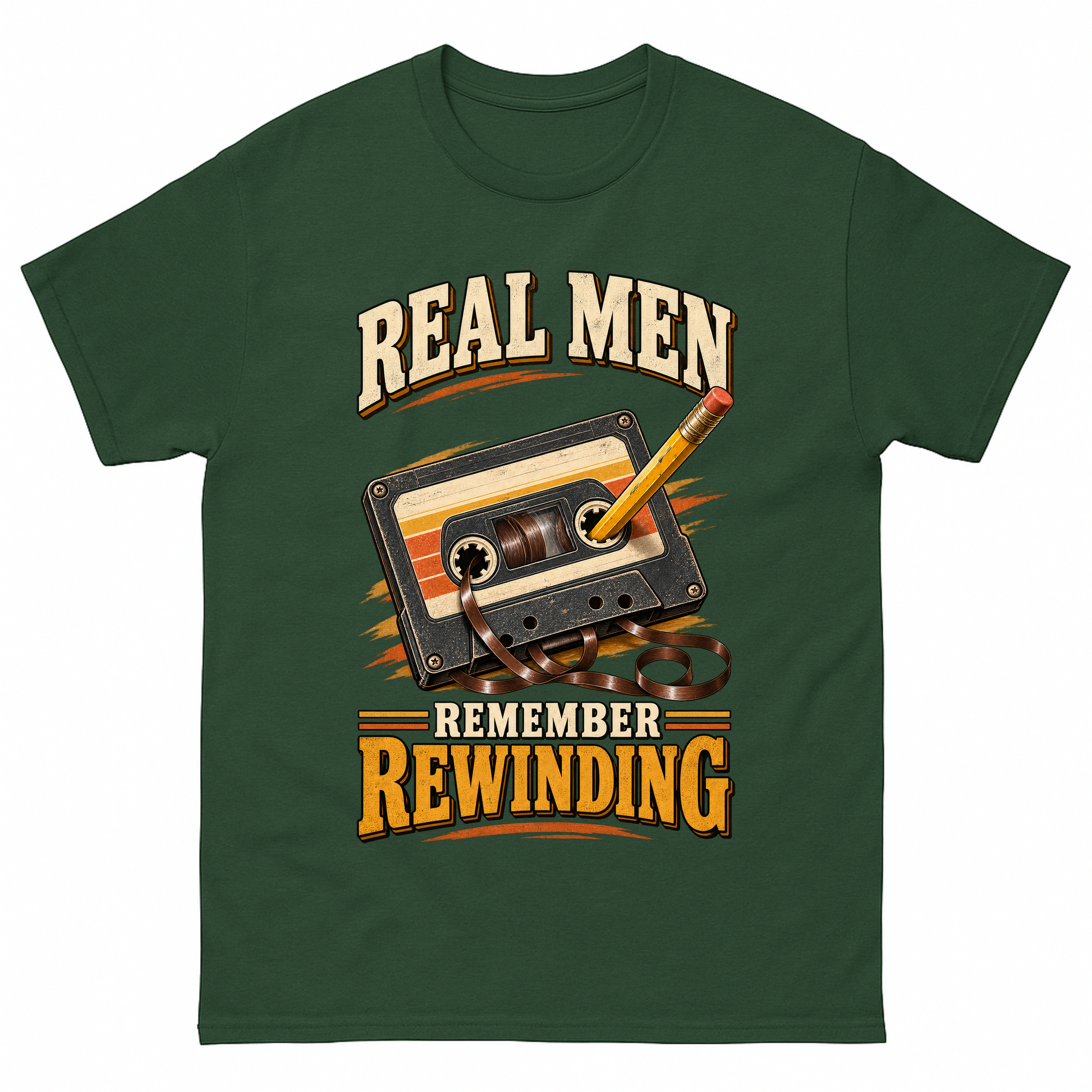 Forest Green vintage t-shirt with 45 real men remember rewinding ideogram 4x printed front design