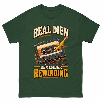 Forest Green vintage t-shirt with 45 real men remember rewinding ideogram 4x printed front design