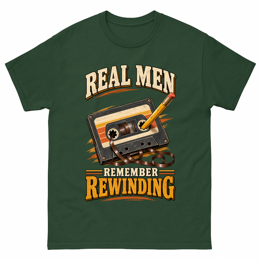 Forest Green vintage t-shirt with 45 real men remember rewinding ideogram 4x printed front design