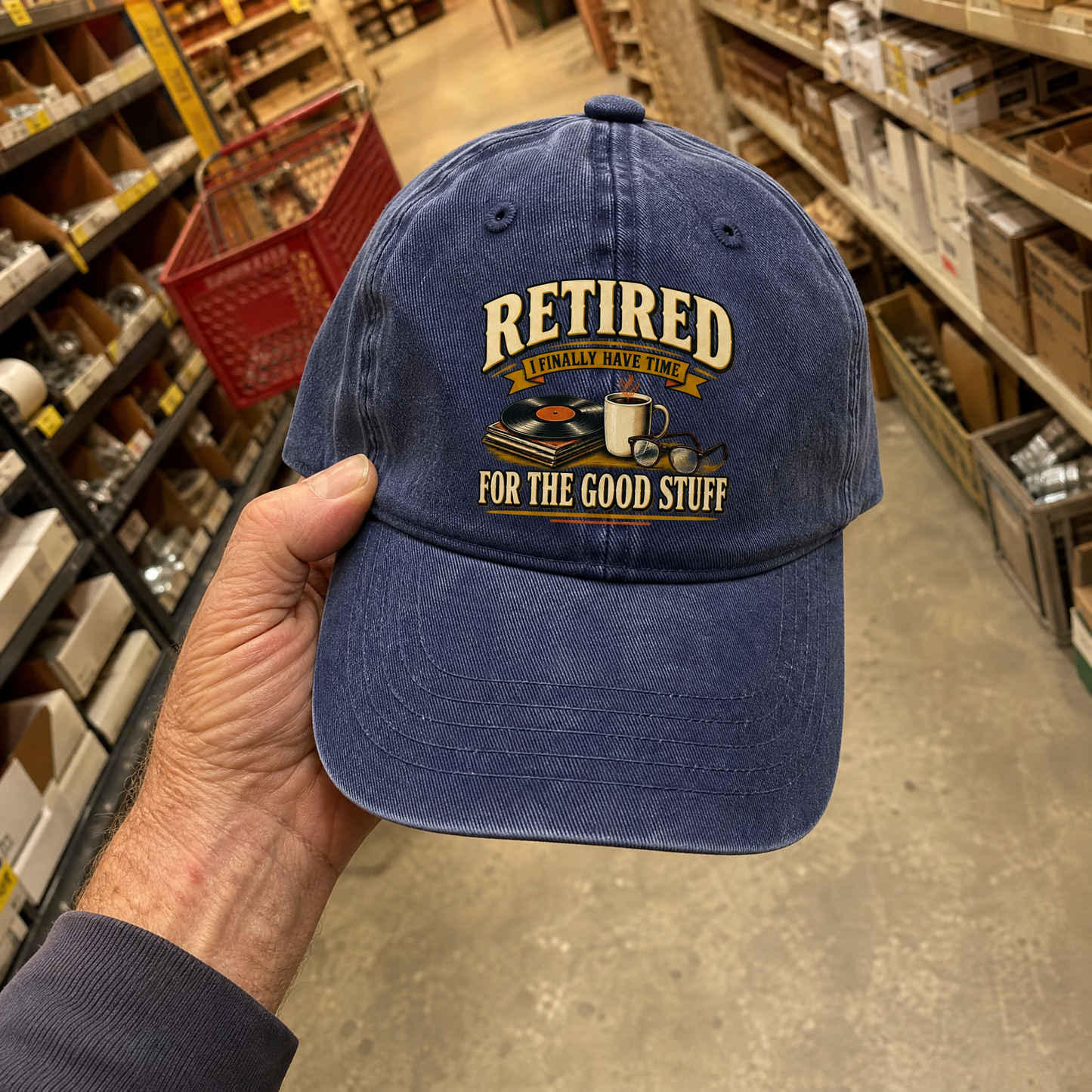 40 time for the good stuff printed vintage washed cap, handheld front view