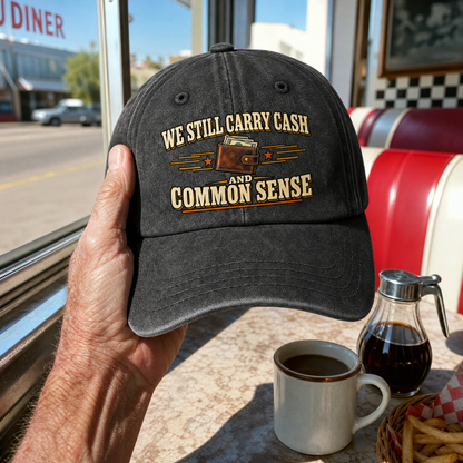 Black vintage washed cap with printed “We Still Carry Cash And Common Sense” slogan, handheld view.