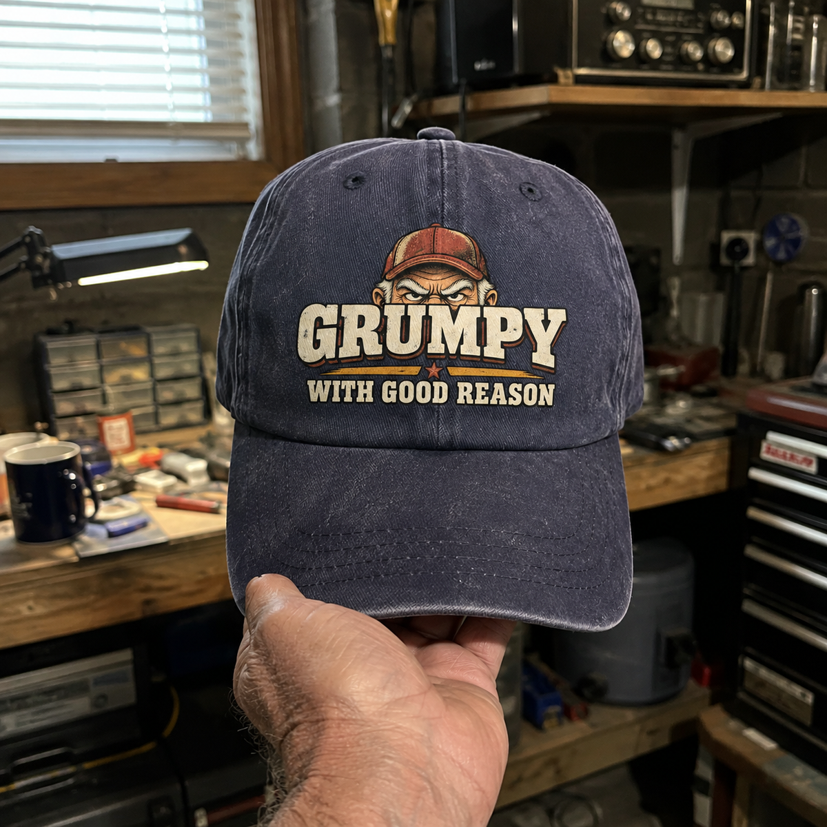 Vintage washed cap with printed Grumpy With Good Reason slogan, handheld front view in workshop setting