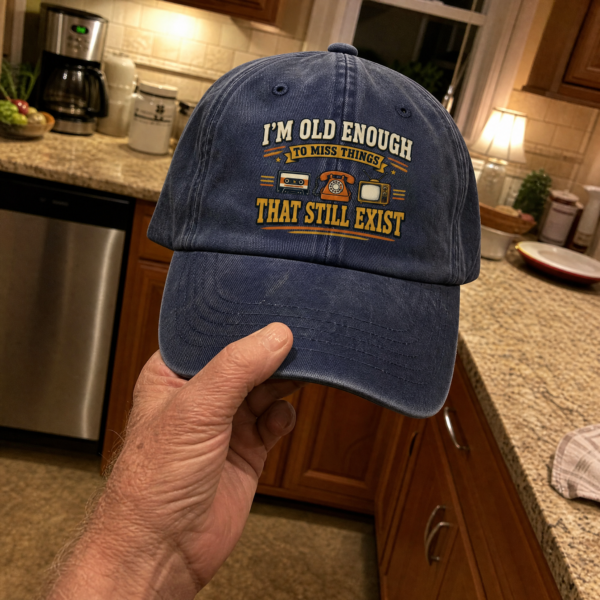 42 miss things that still exist printed on a vintage washed cap, handheld view