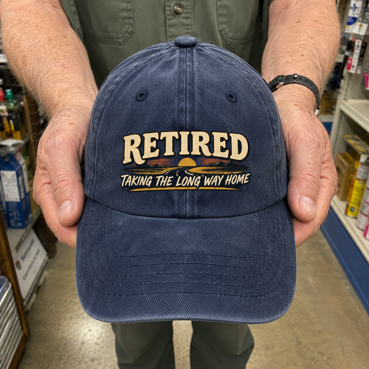 Navy vintage washed cap with printed Taking The Long Way Home slogan