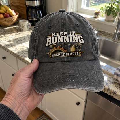 Black vintage washed cap with printed “Keep It Running. Keep It Simple” design, handheld front view