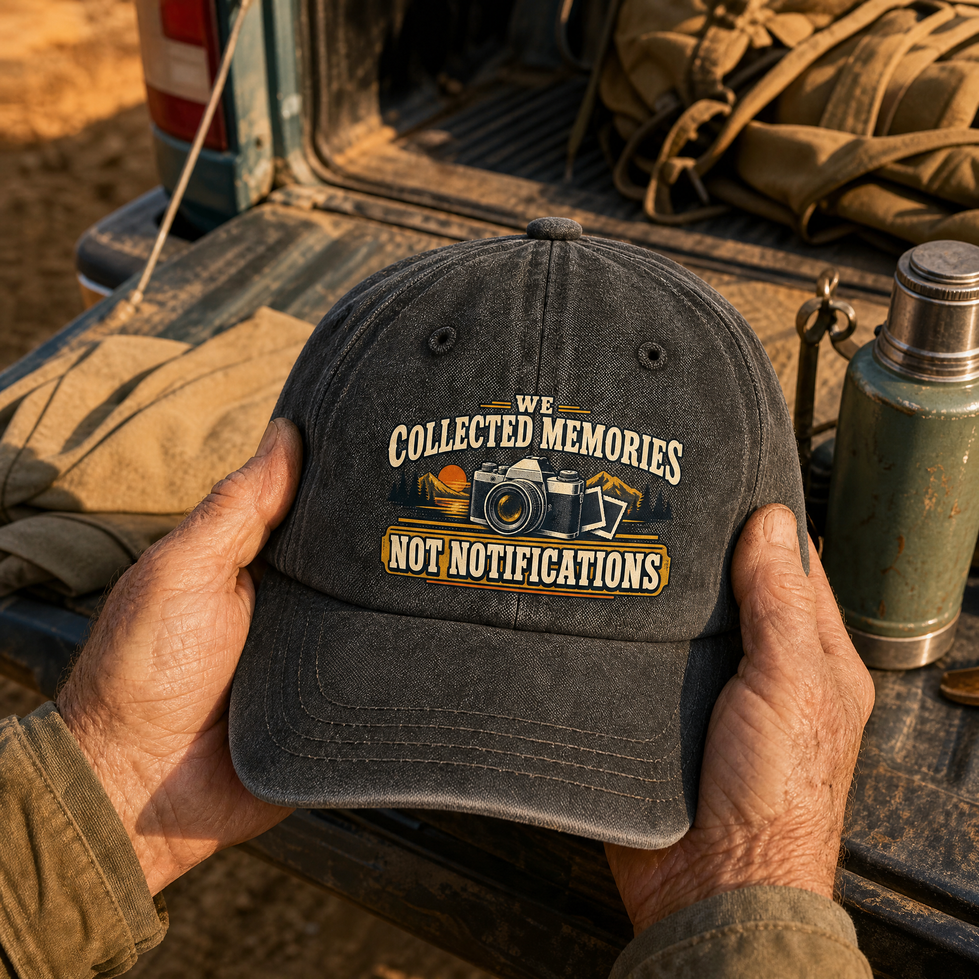 Black vintage washed cap with printed camera design and “We Collected Memories Not Notifications”