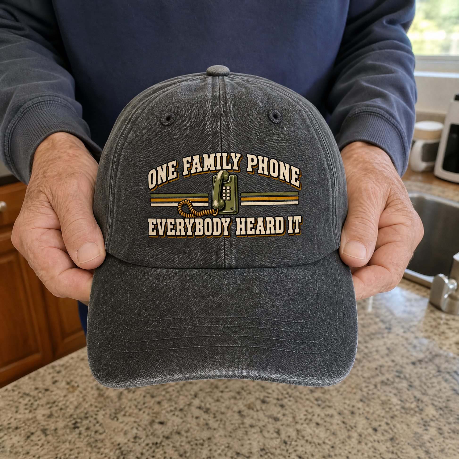 Gray vintage washed cap with printed One Family Phone Everybody Heard It slogan