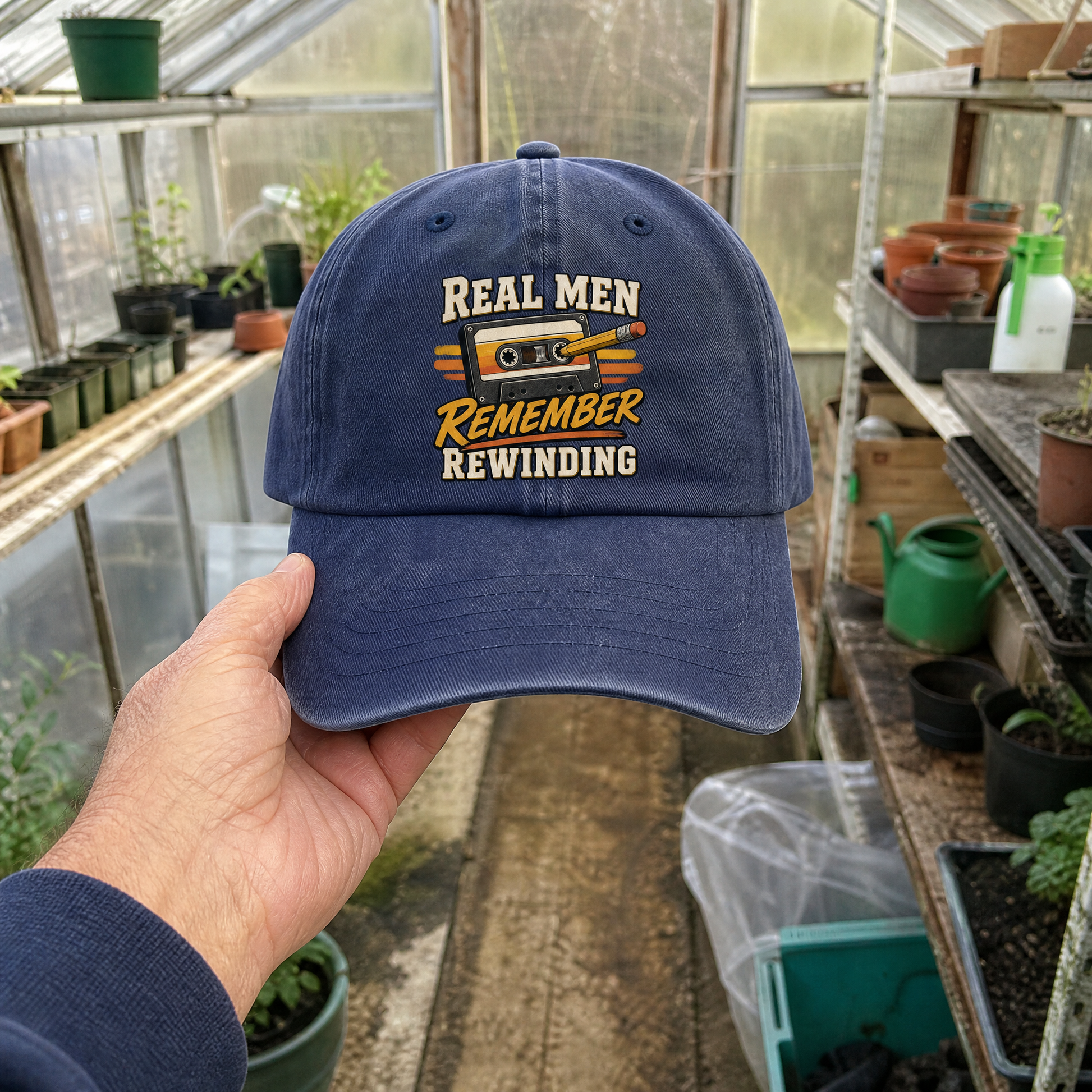Vintage washed cap with printed “45 real men remember rewinding” slogan, handheld view