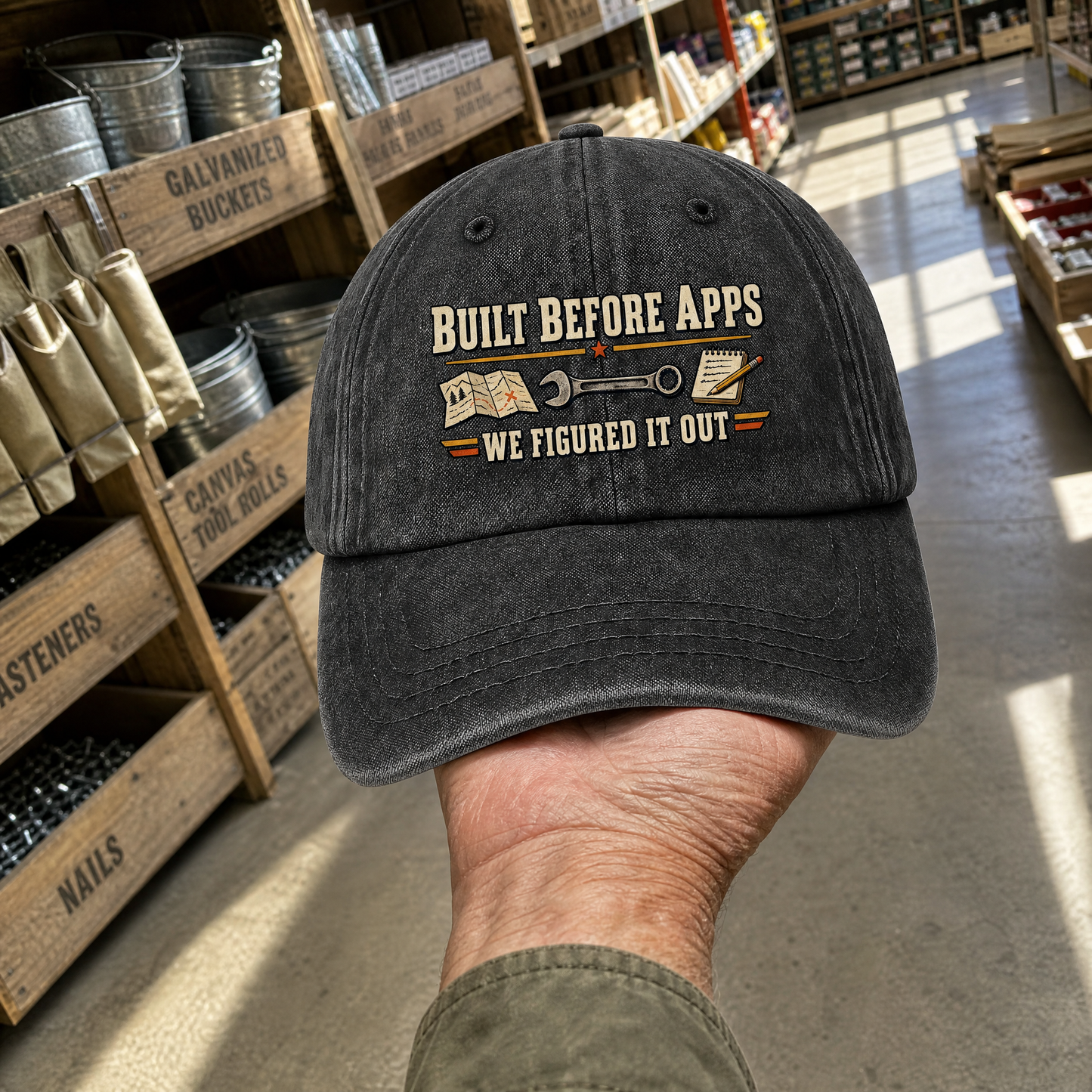 Black vintage washed cap with printed Built Before Apps We Figured It Out slogan handheld