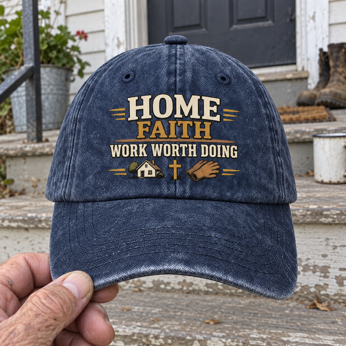 Handheld navy vintage washed cap with printed Home Faith Work Worth Doing slogan