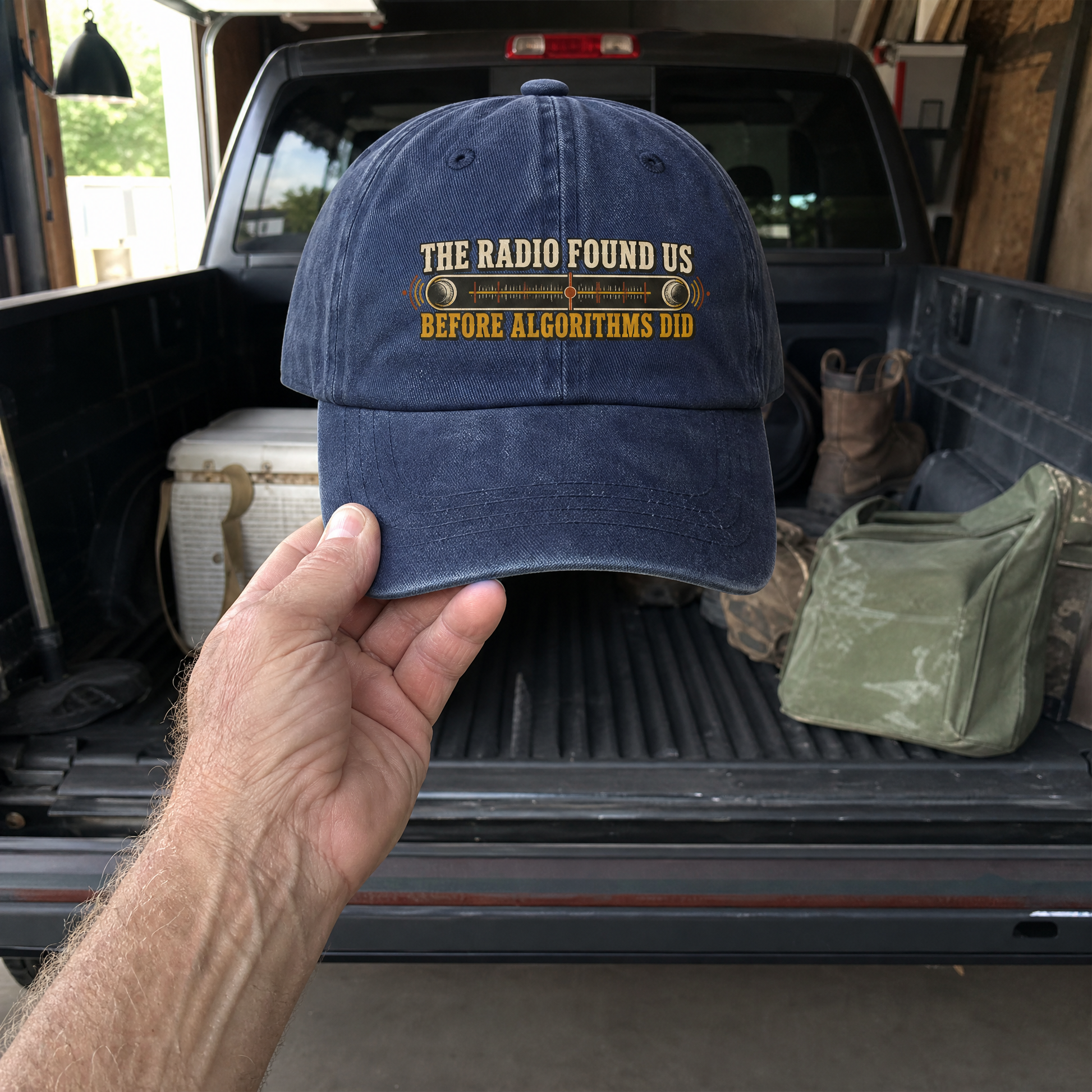 Blue vintage washed cap with printed “The Radio Found Us Before Algorithms Did”