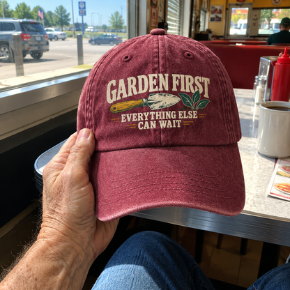 Burgundy vintage washed cap with printed “Garden First. Everything Else Can Wait” slogan, handheld view.