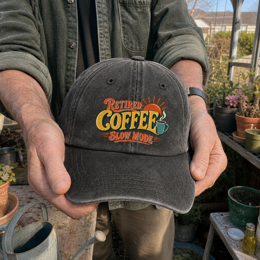 Hand holding vintage washed cap with Retired Coffee Slow Mode printed design