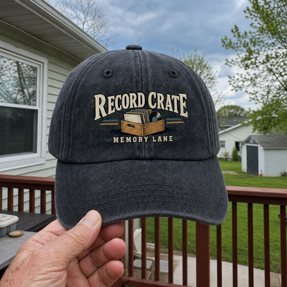 Vintage washed cap in charcoal with Record Crate Memory Lane printed design, handheld front view