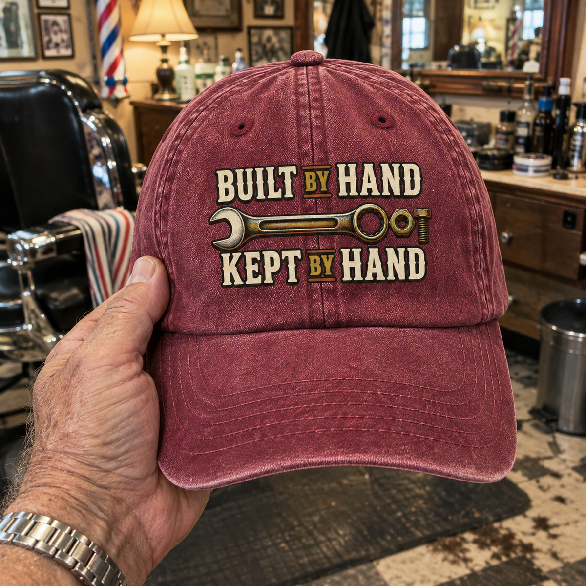 Burgundy vintage washed cap with printed Built By Hand. Kept By Hand slogan, handheld