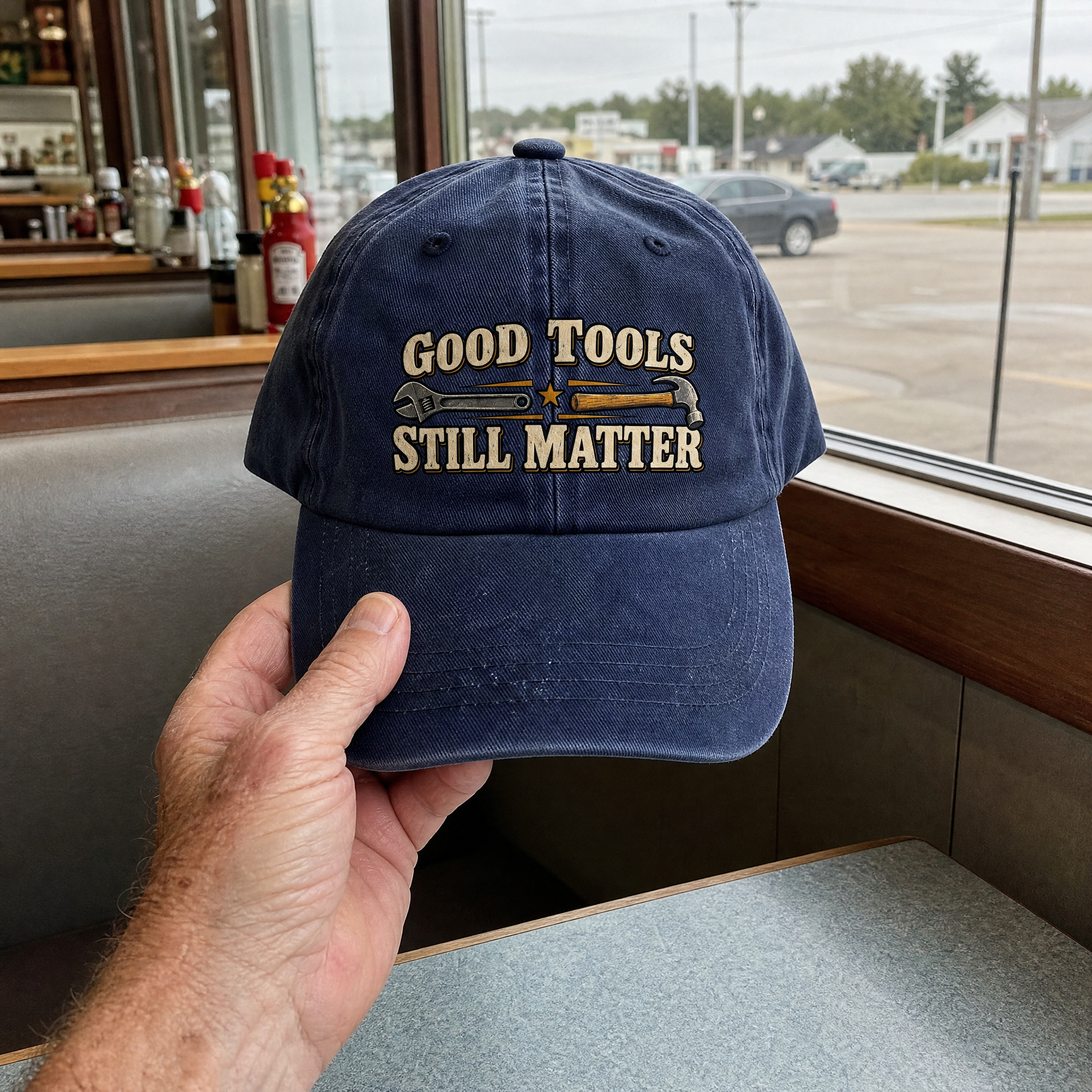 Navy vintage washed cap printed “Good Tools Still Matter,” held by hand in diner setting