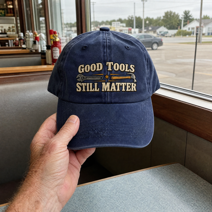 Navy vintage washed cap printed “Good Tools Still Matter,” held by hand in diner setting