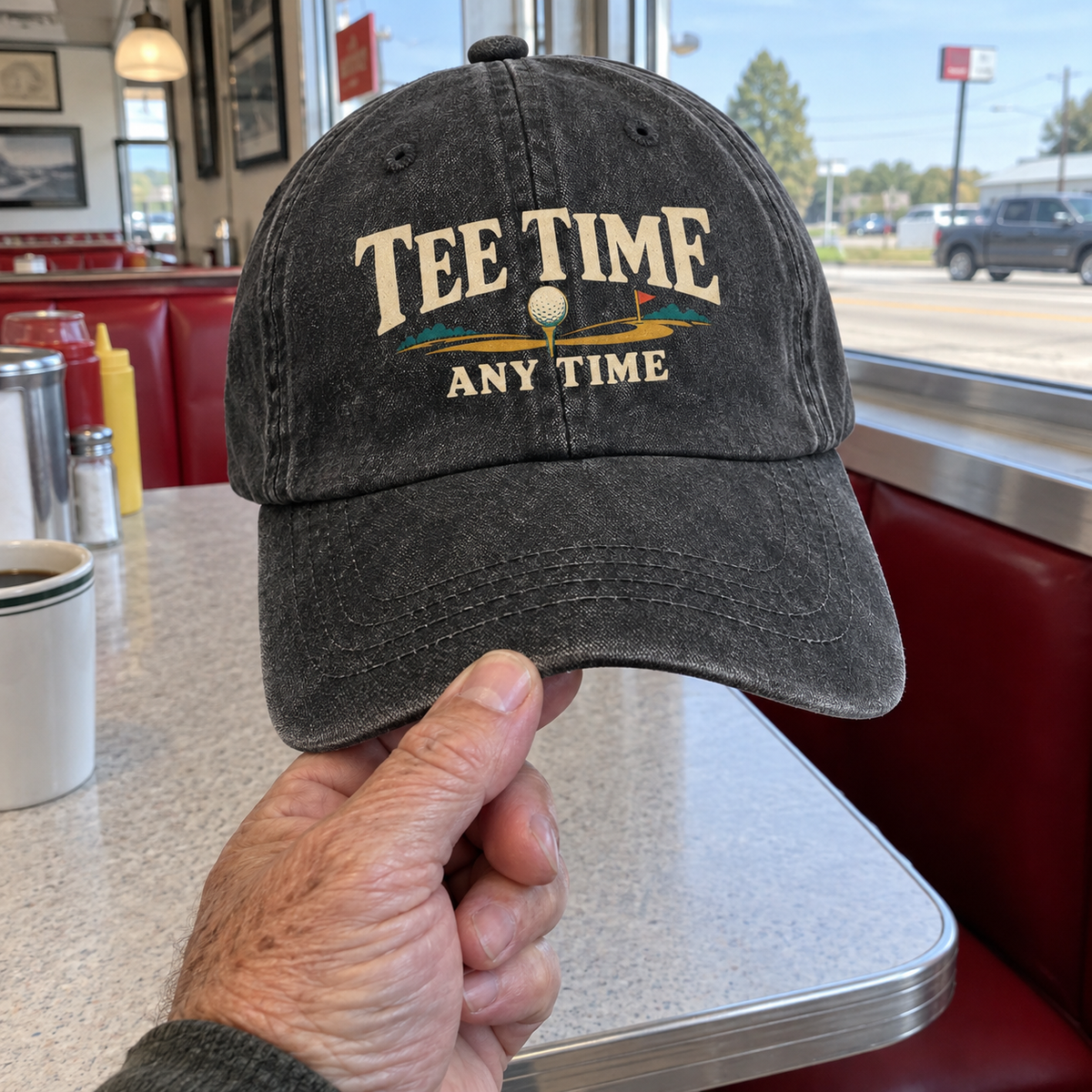 Black vintage washed cap with Tee Time Anytime printed golf design, handheld front view in diner setting