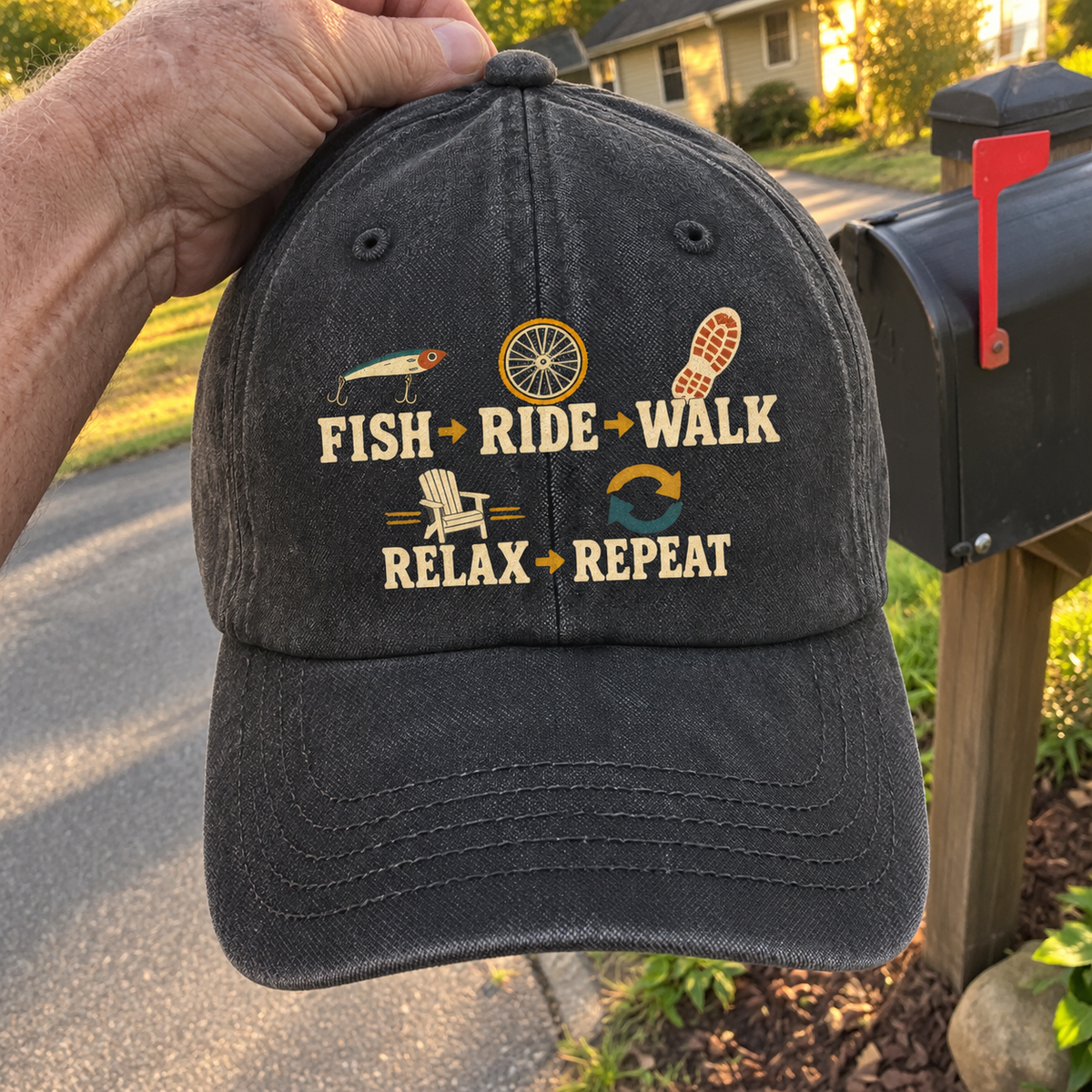 Black vintage washed cap with printed Fish Ride Walk Relax Repeat slogan, handheld outdoors