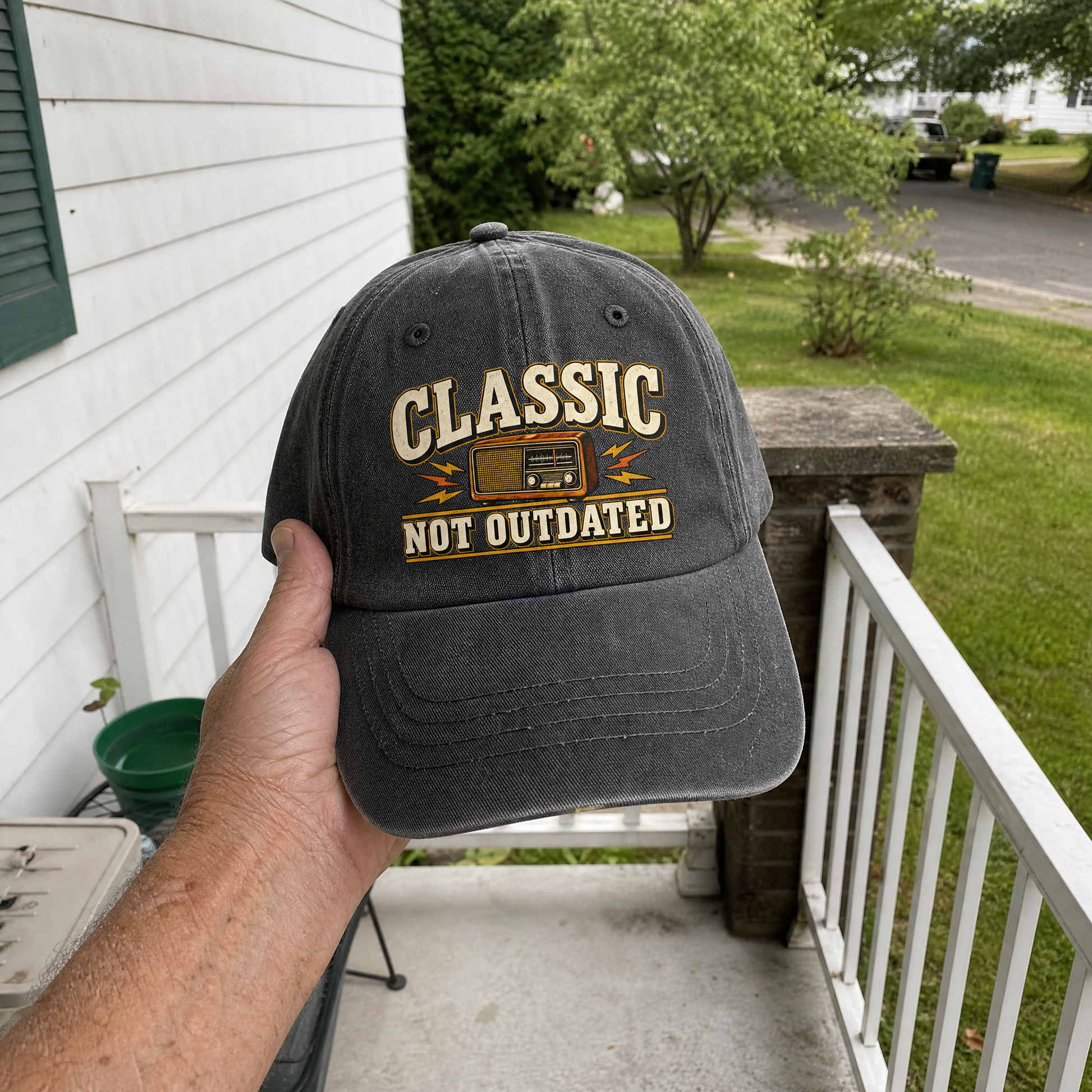 Vintage washed cap with printed 44 classic not outdated ideogram design handheld view