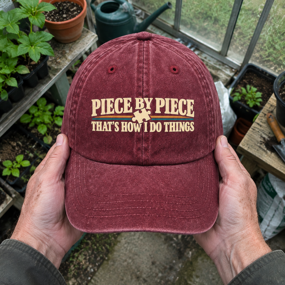 Burgundy vintage washed cap with printed Piece By Piece slogan, handheld front view