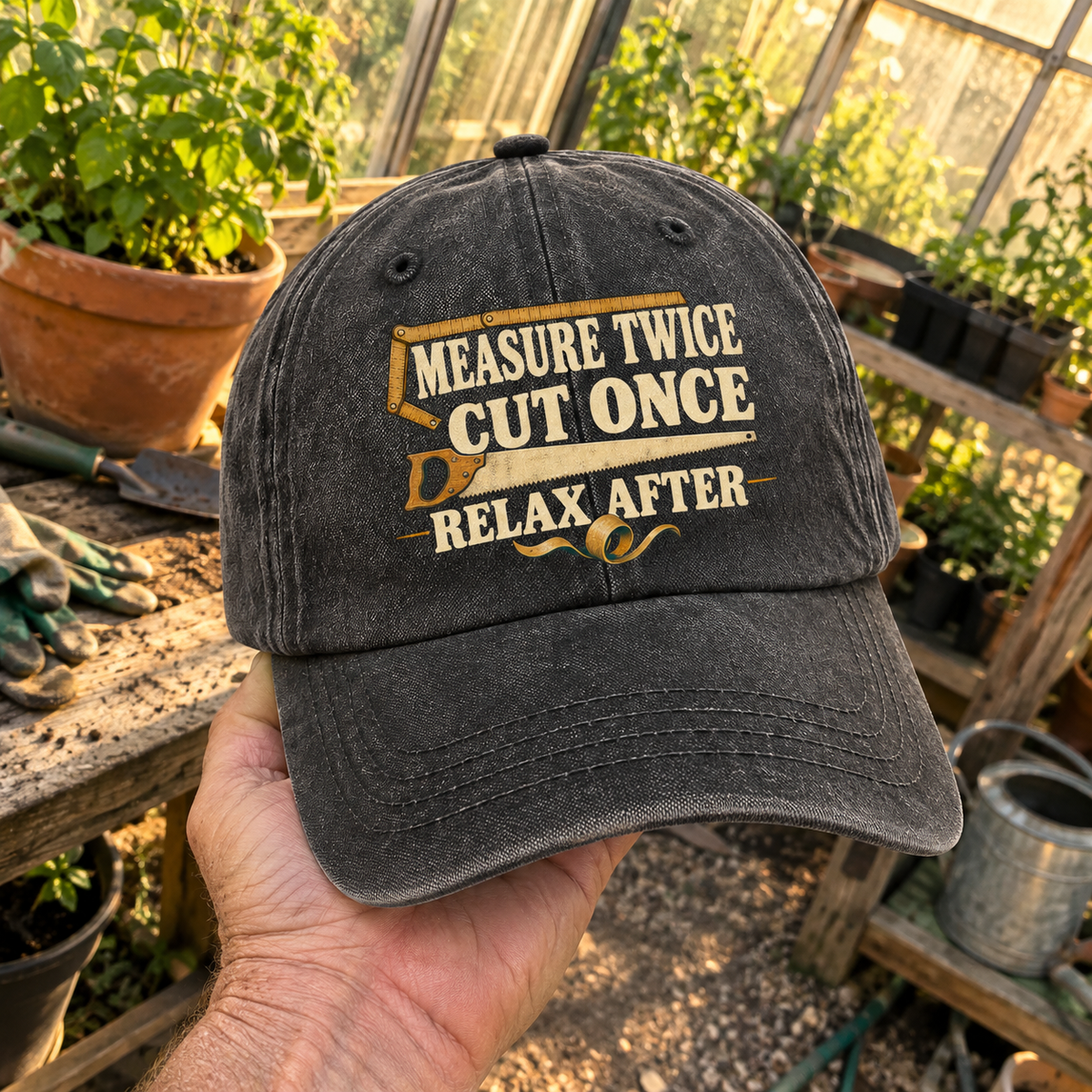 Handheld black vintage washed cap with printed Measure Twice Cut Once Relax After slogan