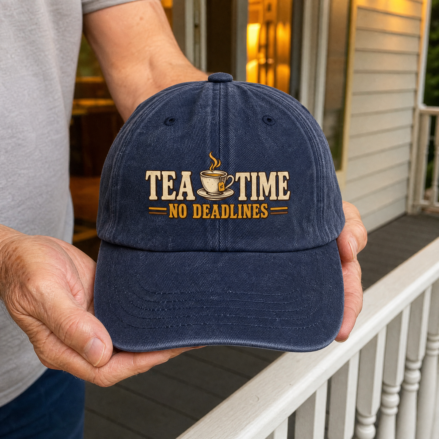 Navy vintage washed cap with printed Tea Time. No Deadlines slogan, front view, handheld.