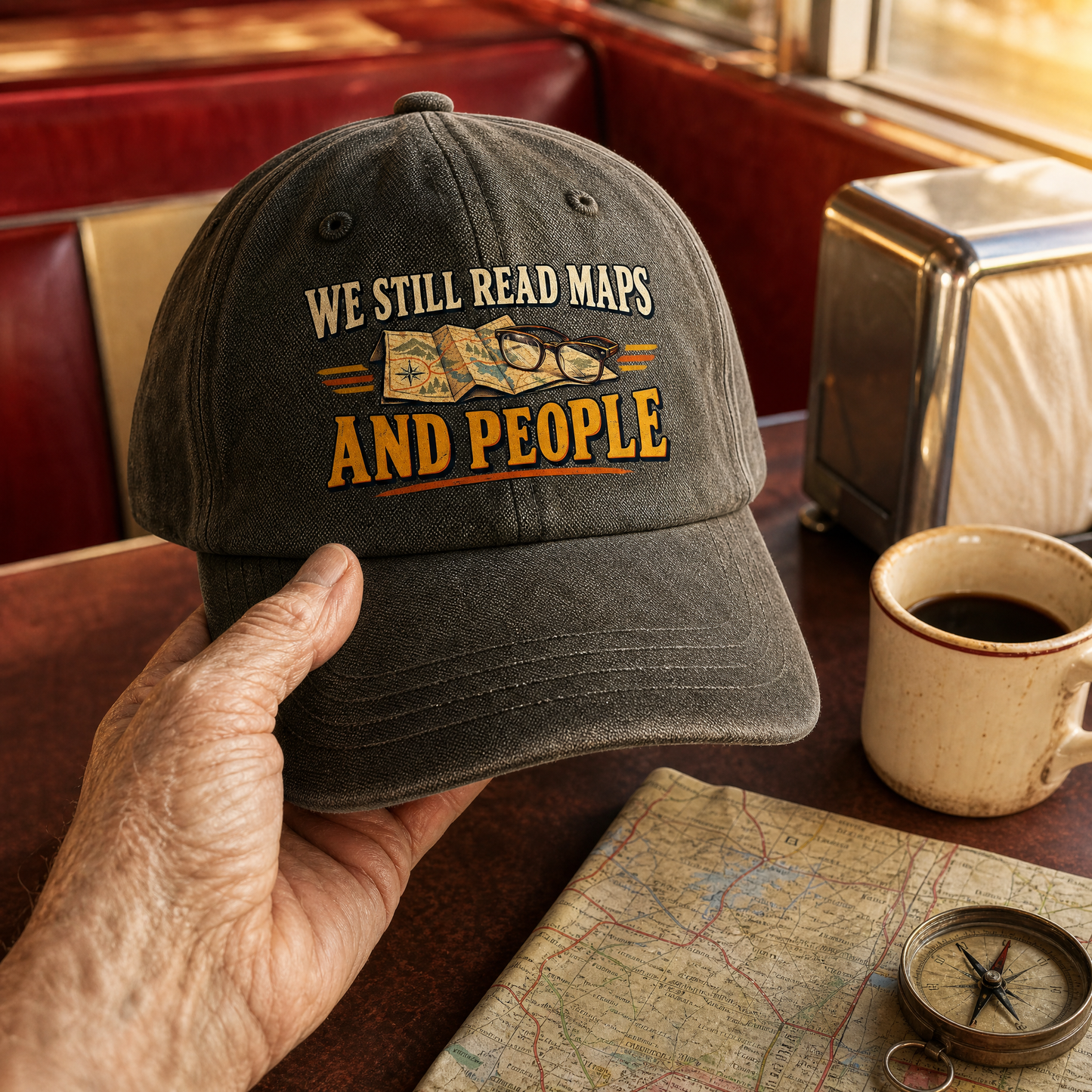 Vintage washed cap printed with “We Still Read Maps And People,” handheld view