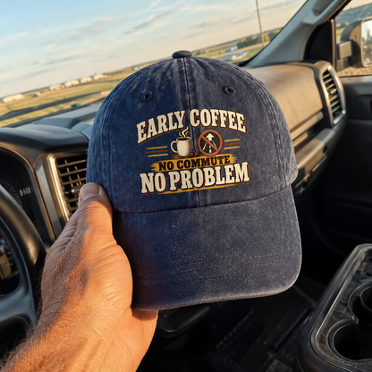 Navy vintage washed cap with printed Early Coffee No Commute No Problem slogan, handheld in car.