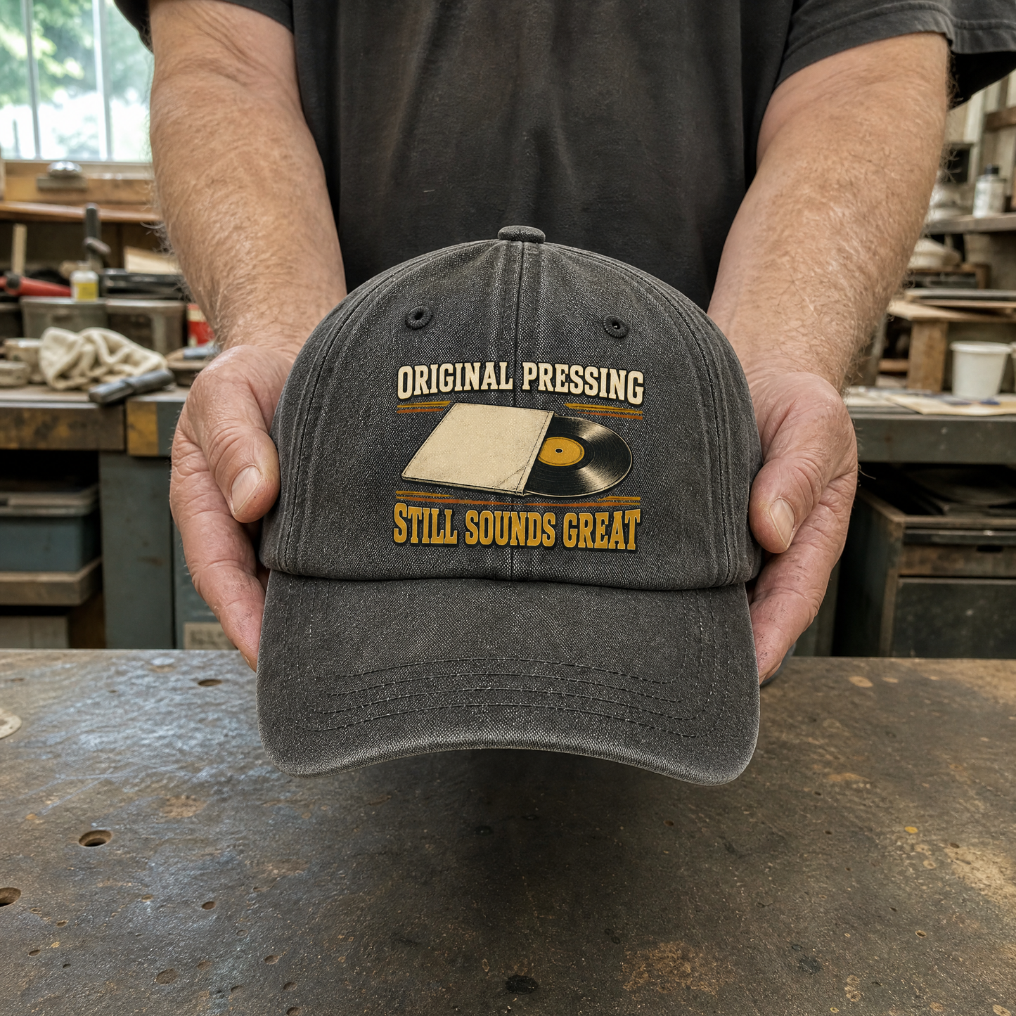 Handheld vintage washed cap with printed 43 original pressing ideogram 4x TRIM pad80 design